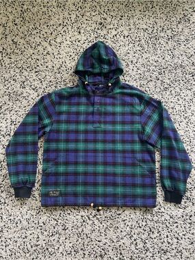 Vermont Flannel Company Hooded Pullover Blue Green Plaid Shirt Jacket Men’s XL